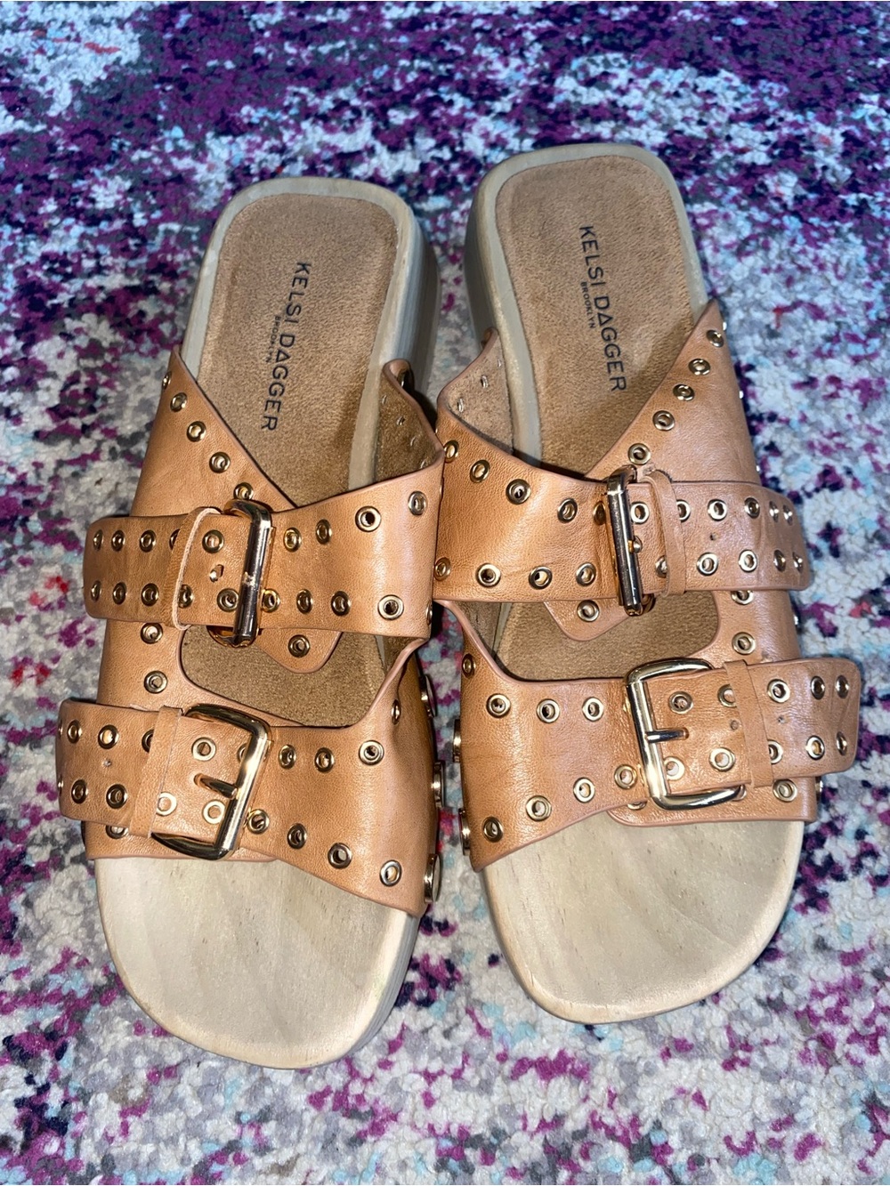 Kelsi Dagger Studded Tan Buckle Slide Sandals